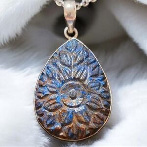 Carved Azurite Flower Pendant Necklace ~ 925 Sterling Silver
